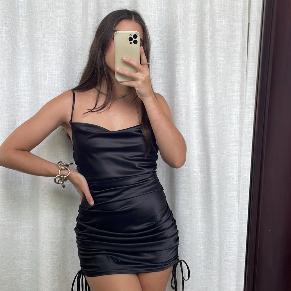 Adjustable Black Satin Ruched Dress – Cowl Neck Little Black Dress / NEVER WORN